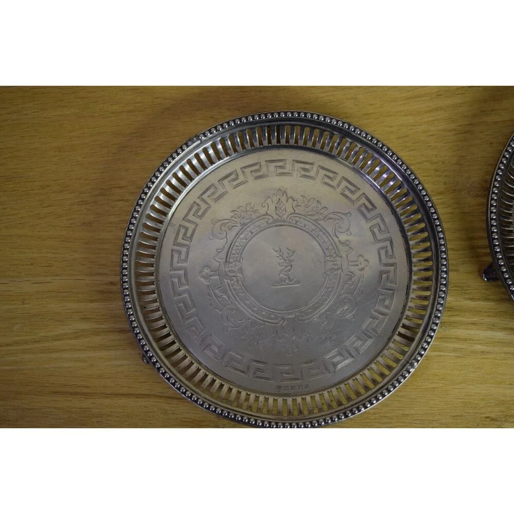 M.H. & Co VTG Gallery Trays w/ Stag Inlay Decorative Feet Set of 2 Silverplated